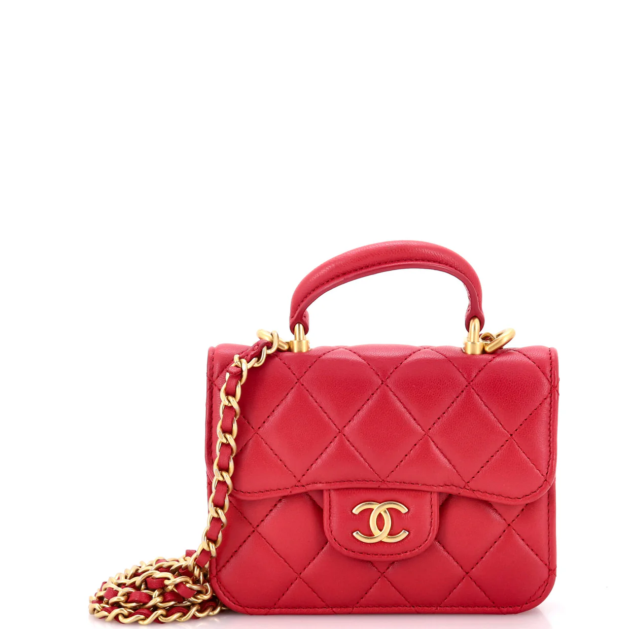 Top Handle Flap Coin Purse with Chain Quilted Lambskin - Deep Luxury