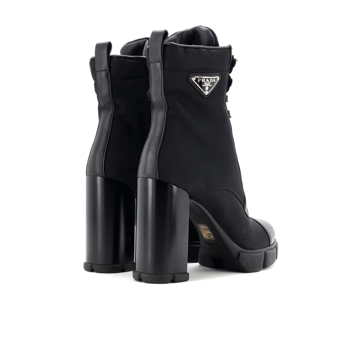 Women's Triangle Logo Heeled Ankle Boots Nylon and Leather - Deep Luxury