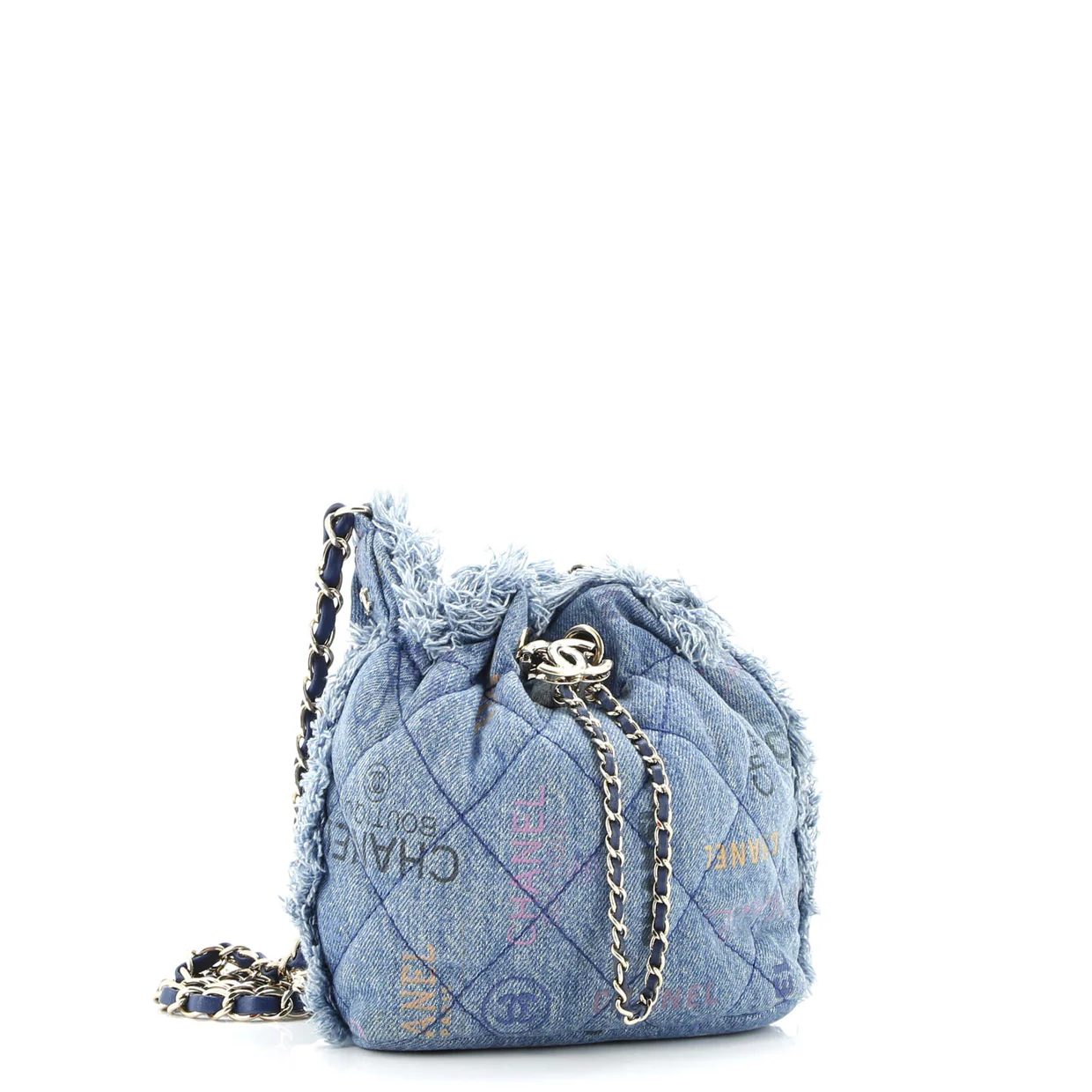 Denim Mood Chain Bucket Bag Logo Printed Quilted Fringe Denim Medium - Deep Luxury