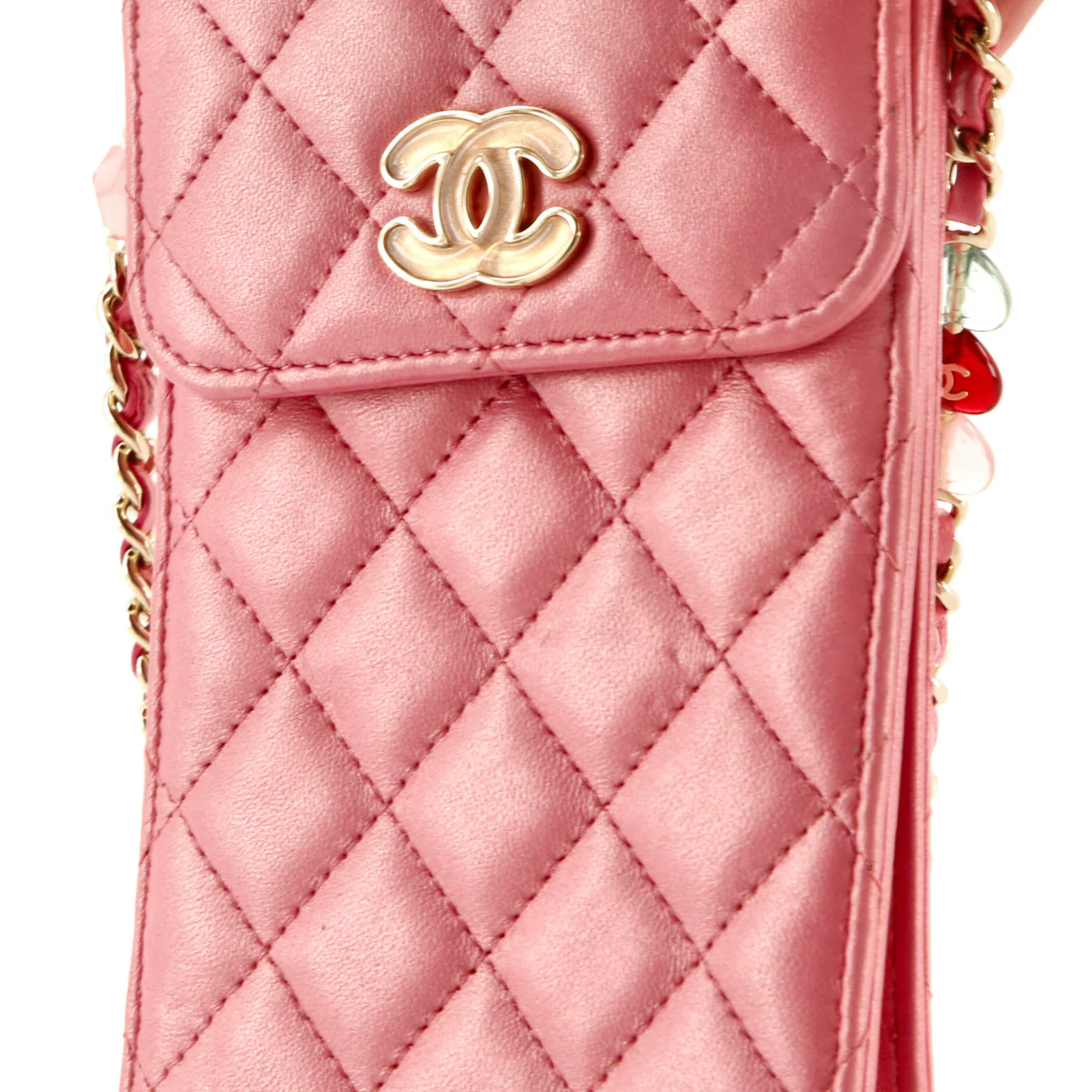 Resin CC Phone Holder with Chain Quilted Lambskin - Deep Luxury