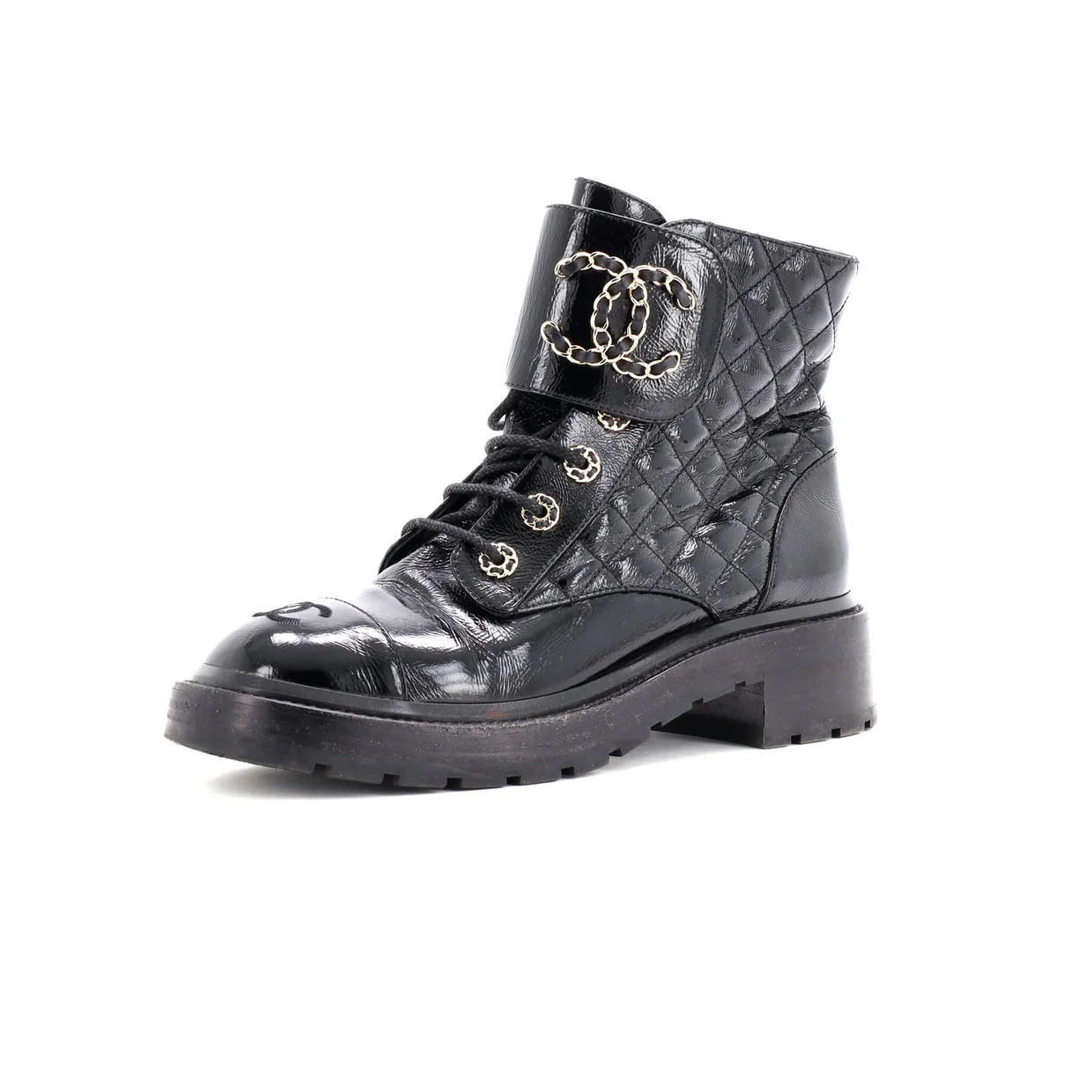 Women's Chain CC Cap Toe Lace Up Combat Boots Quilted Shiny Calfskin - Deep Luxury
