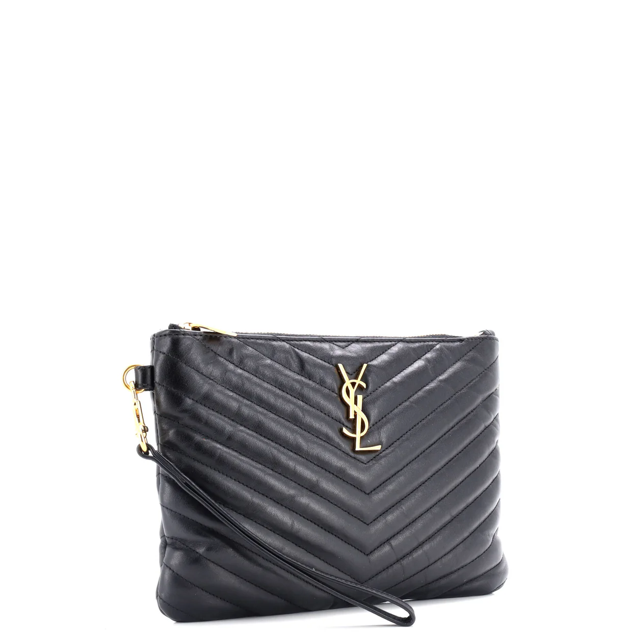 Classic Monogram Wristlet Pouch Matelasse Chevron Leather Small - Deep Luxury