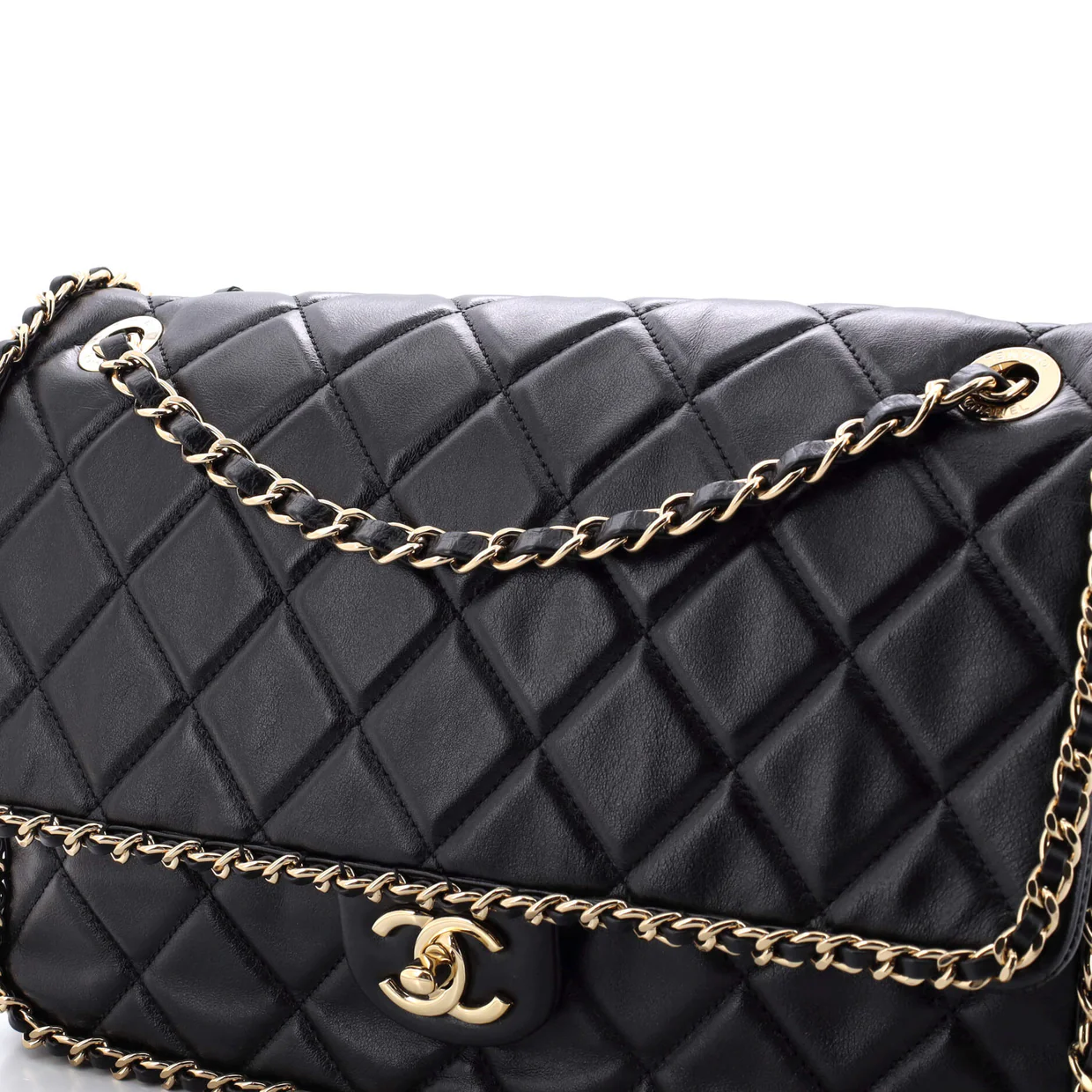Running Chain Around Flap Bag Quilted Crumpled Calfskin Large - Deep Luxury