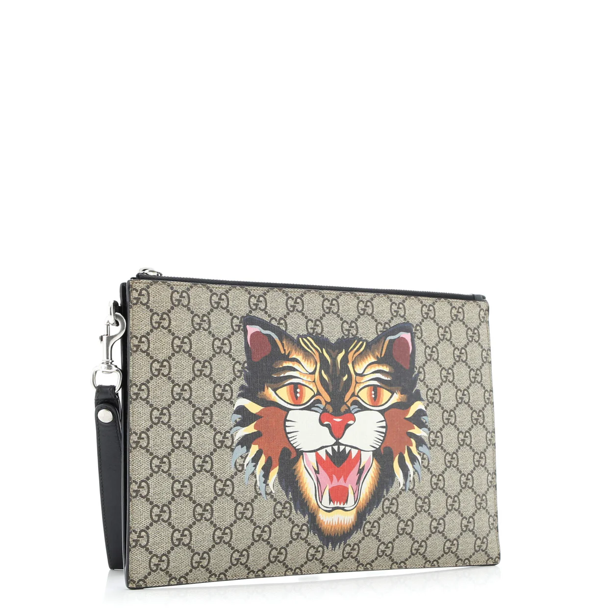 Zipped Pouch Angry Cat GG Coated Canvas Large - Deep Luxury