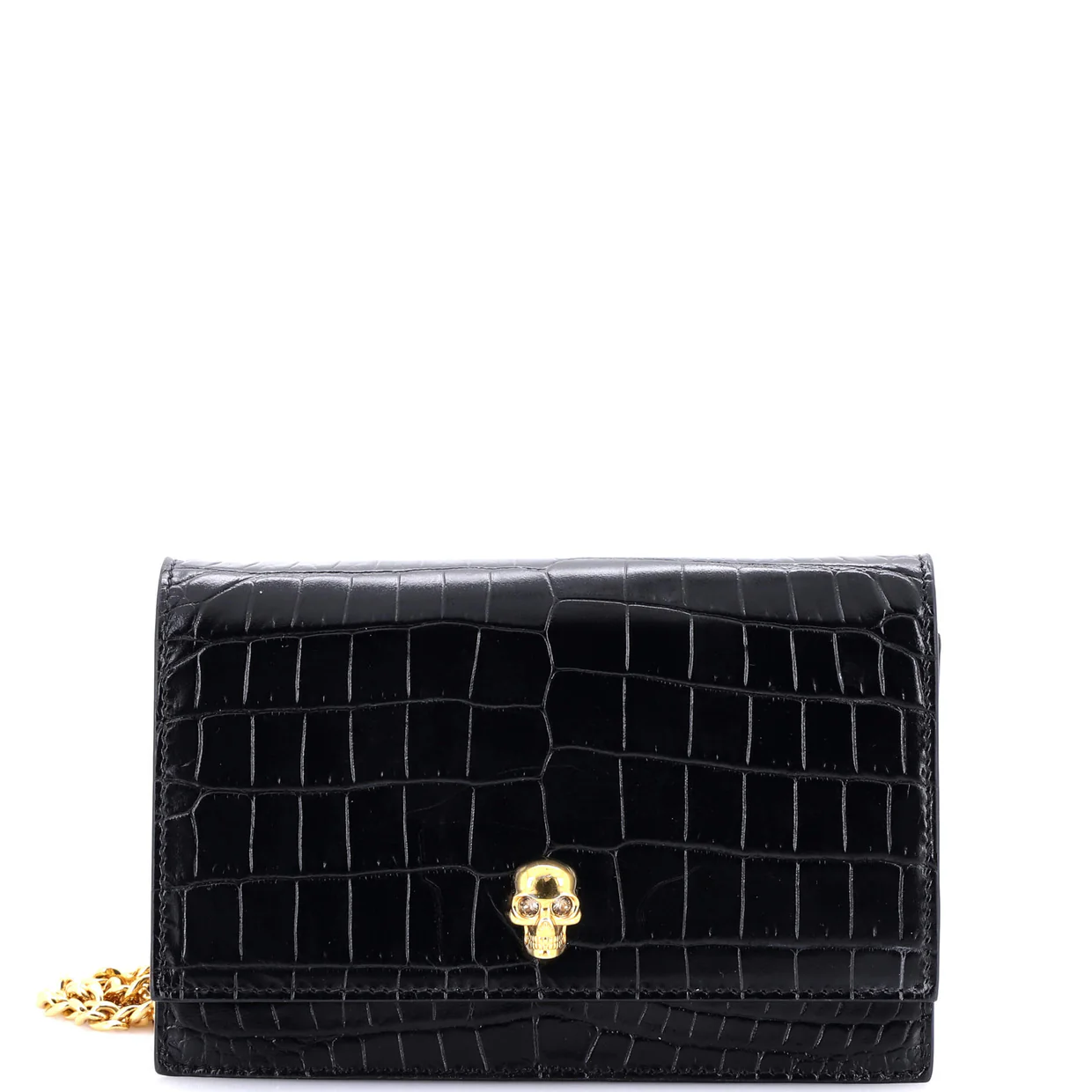 Skull Chain Crossbody Bag Crocodile Embossed Leather Mini - Deep Luxury