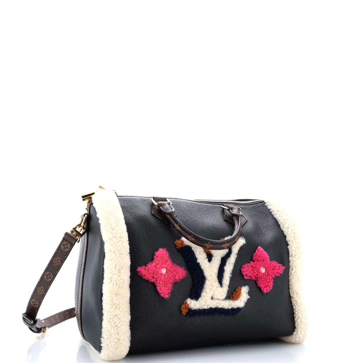 Speedy Bandouliere Bag Leather and Monogram Teddy Shearling 30 - Deep Luxury