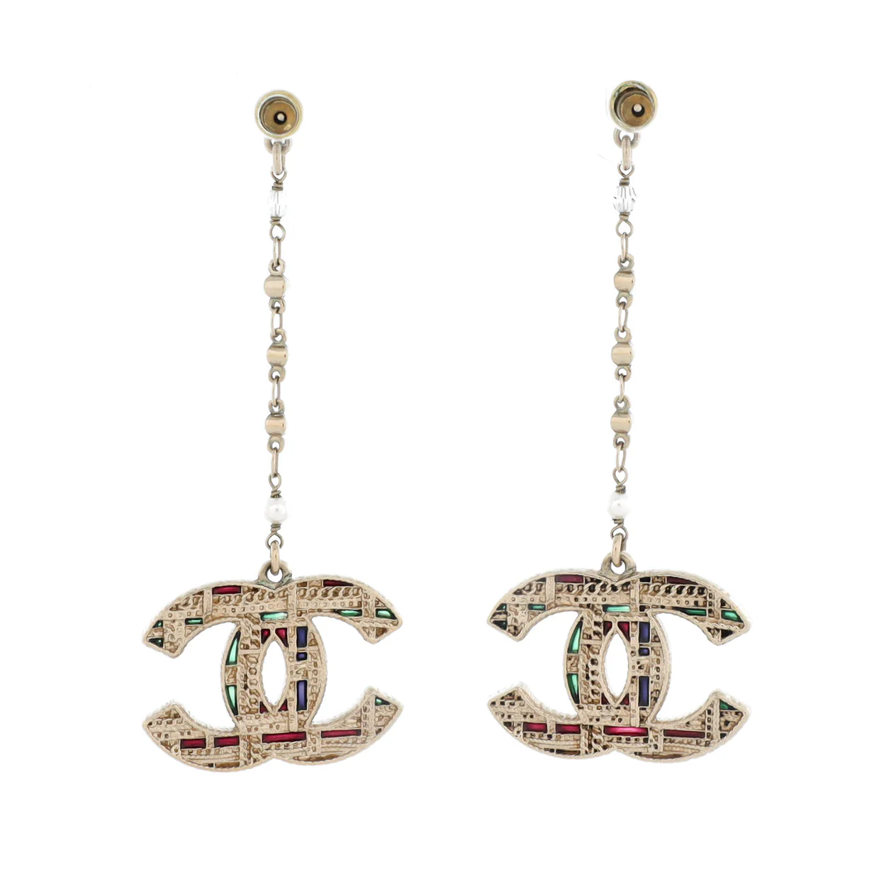 Tweed Effect CC Chain Drop Earrings Metal and Enamel with Crystals and Faux Pearls - Deep Luxury