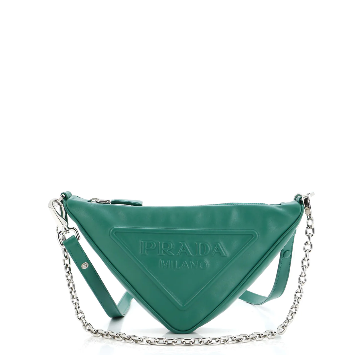 Triangle Logo Zip Chain Crossbody Bag Embossed Leather Small - Deep Luxury