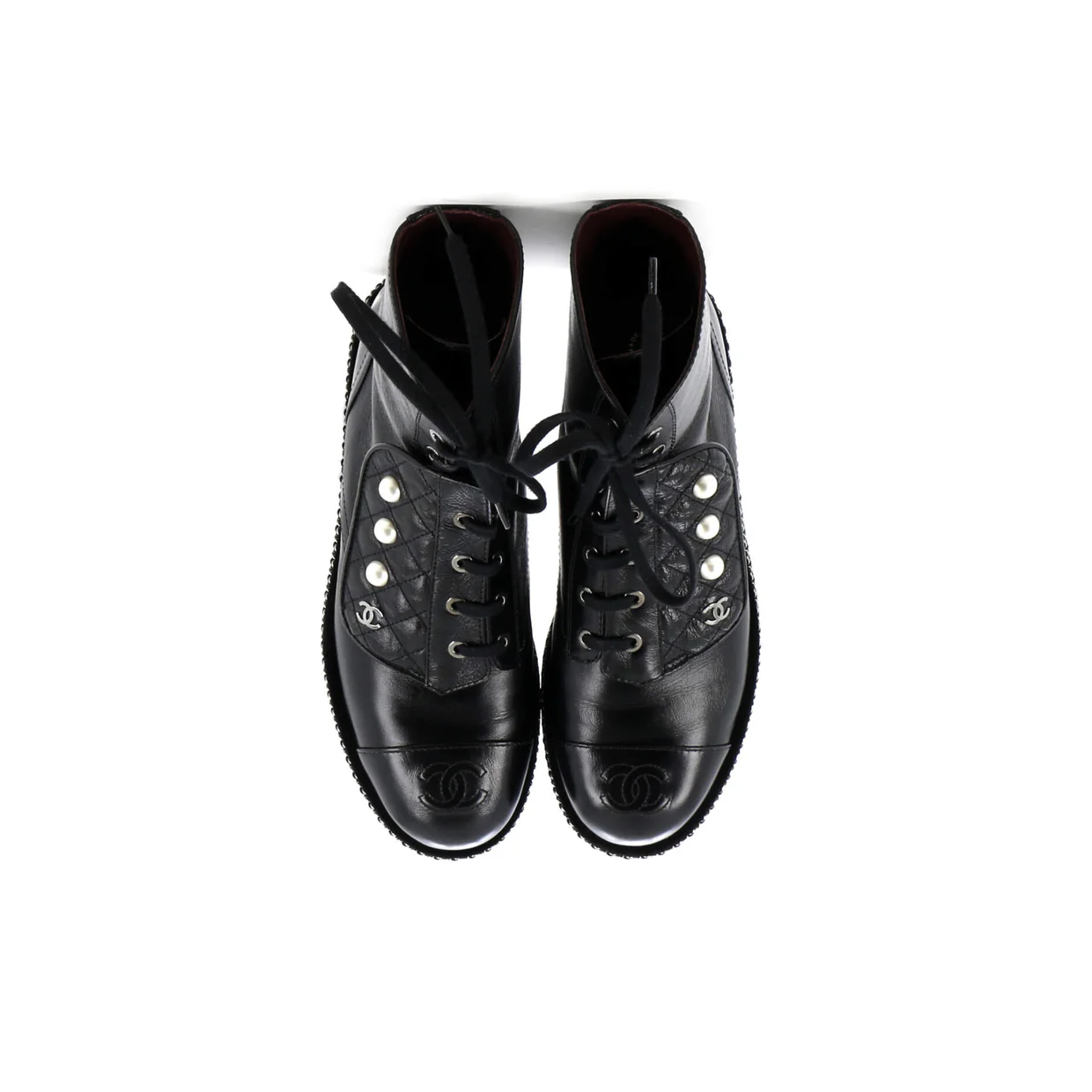 Women's Cap Toe CC Chain Around Pearl Combat Boots Leather - Deep Luxury