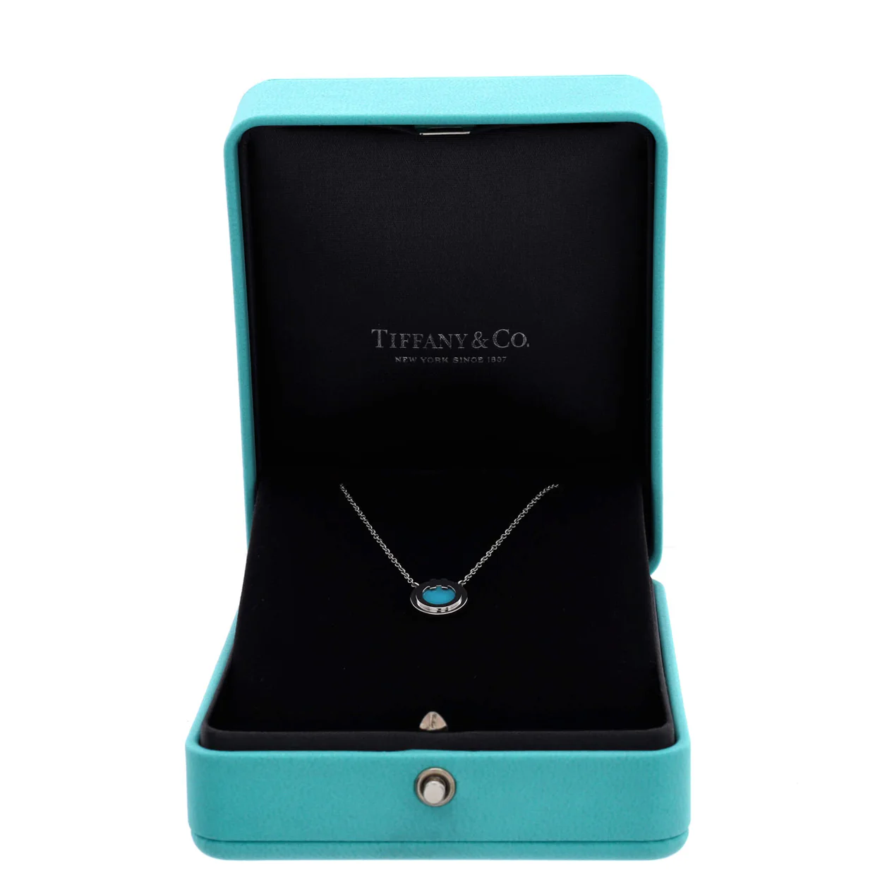 T Circle Pendant Necklace 18K White Gold with Turquoise Small - Deep Luxury
