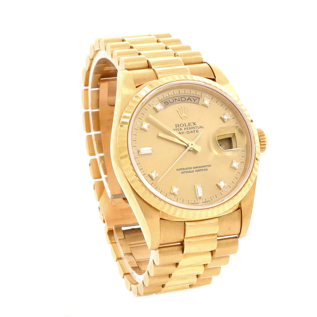 Oyster Perpetual President Day-Date Automatic Watch Yellow Gold with Round and Baguette Diamond Markers 36 - Deep Luxury
