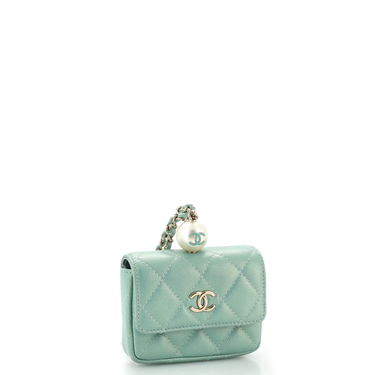 CC Pearl Coin Card Holder with Chain Quilted Iridescent Caviar - Deep Luxury