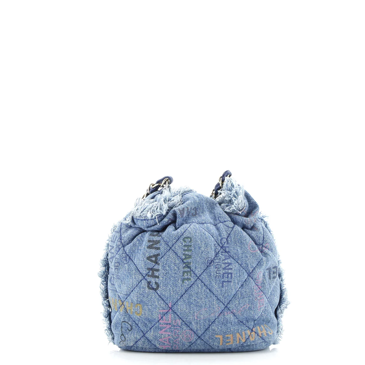 Denim Mood Chain Bucket Bag Logo Printed Quilted Fringe Denim Medium - Deep Luxury