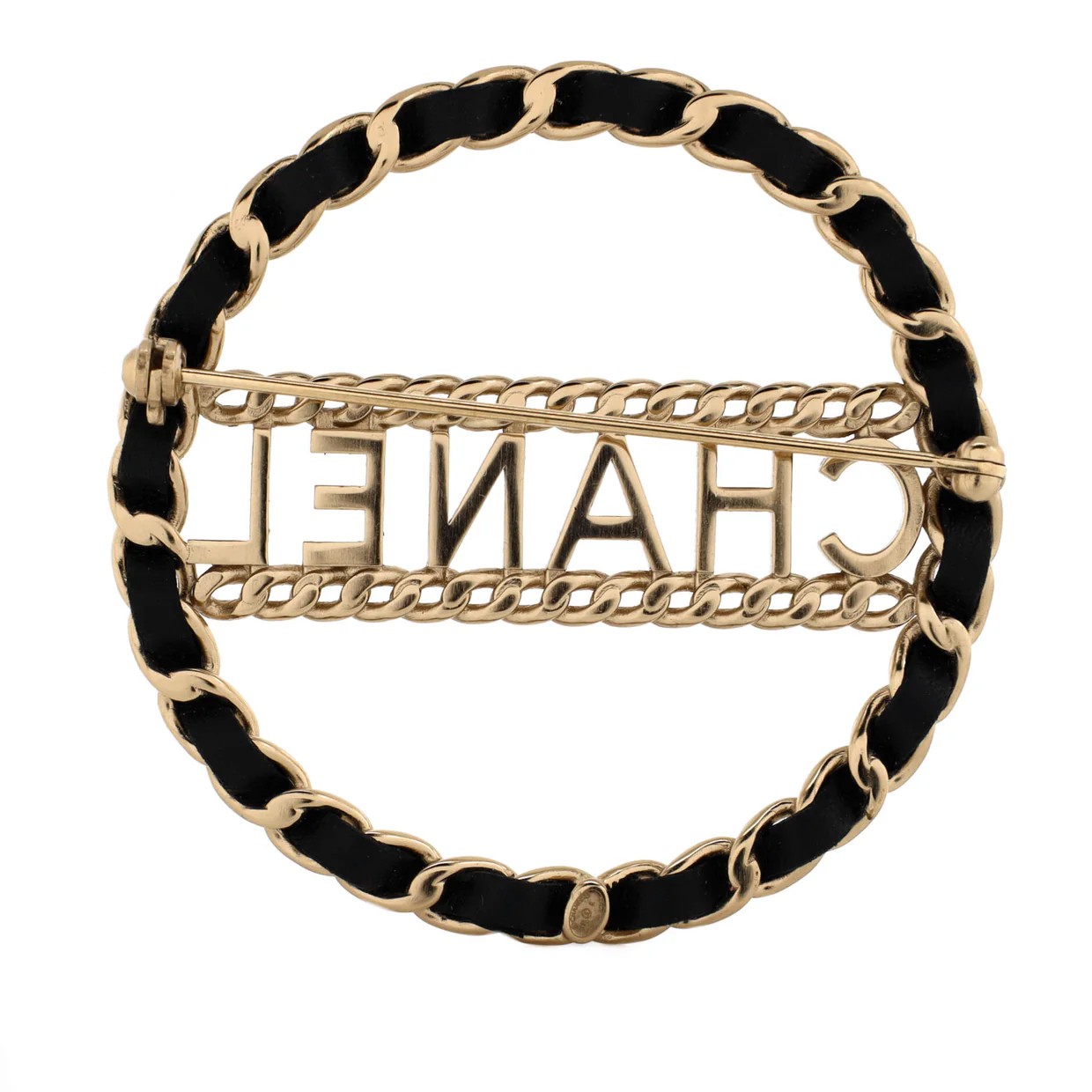 Logo Chain Link Round Brooch Metal with Leather - Deep Luxury