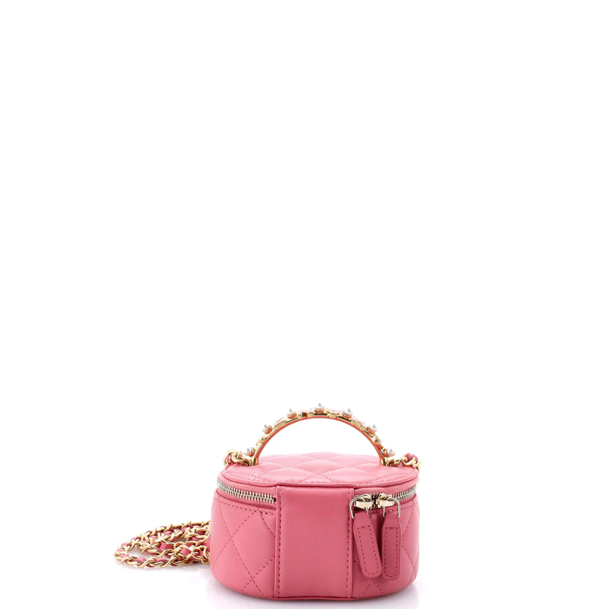 Pearl Logo Top Handle Round Vanity Case with Chain Quilted Lambskin Mini - Deep Luxury