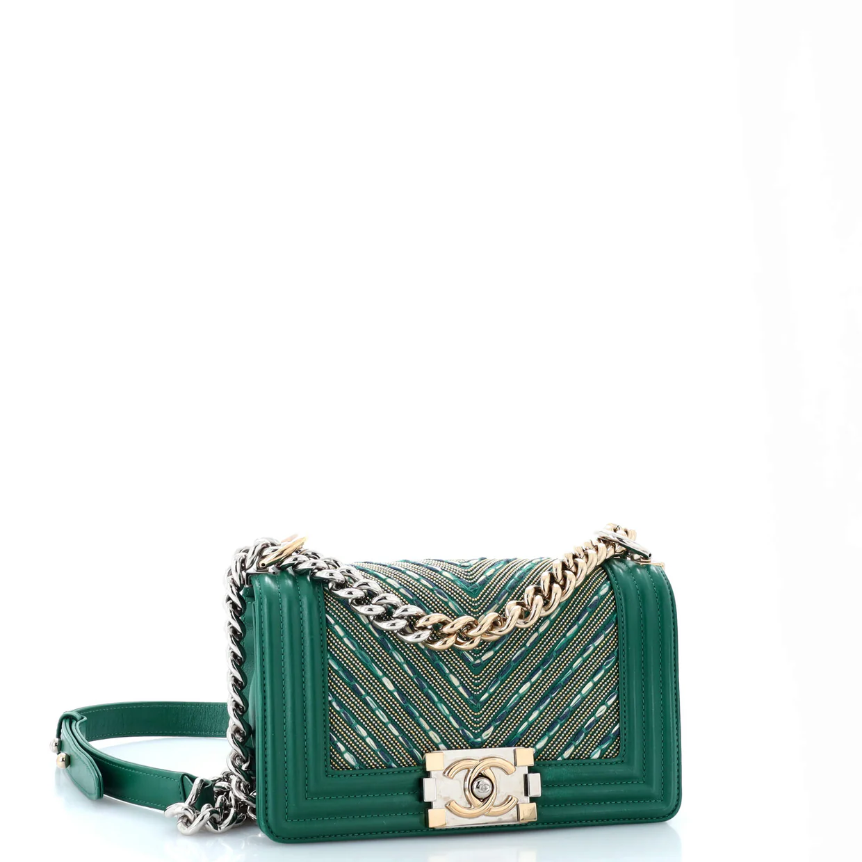 Boy Flap Bag Studded Chevron Calfskin with Tweed Small - Deep Luxury