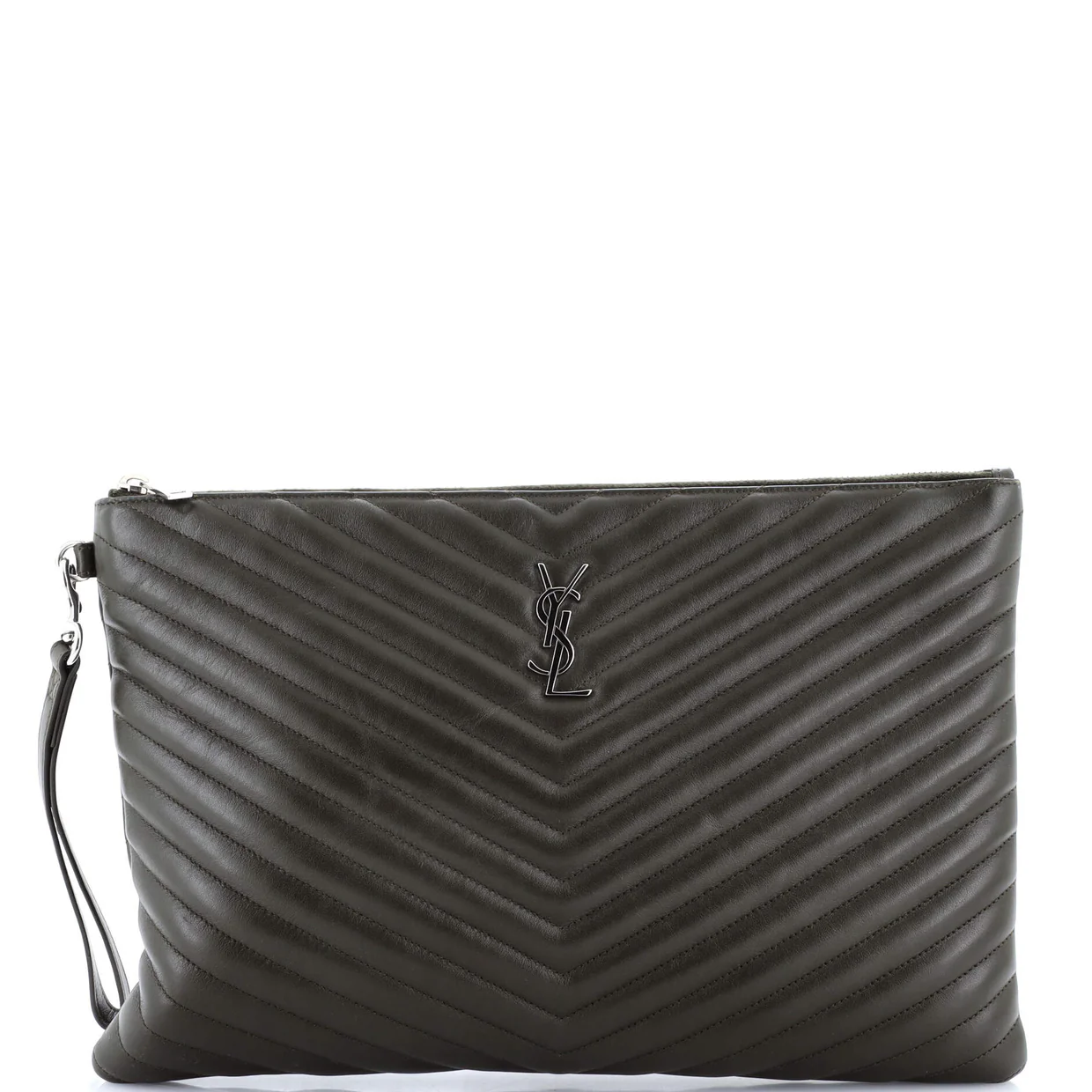 Classic Monogram Wristlet Pouch Matelasse Chevron Leather Large - Deep Luxury