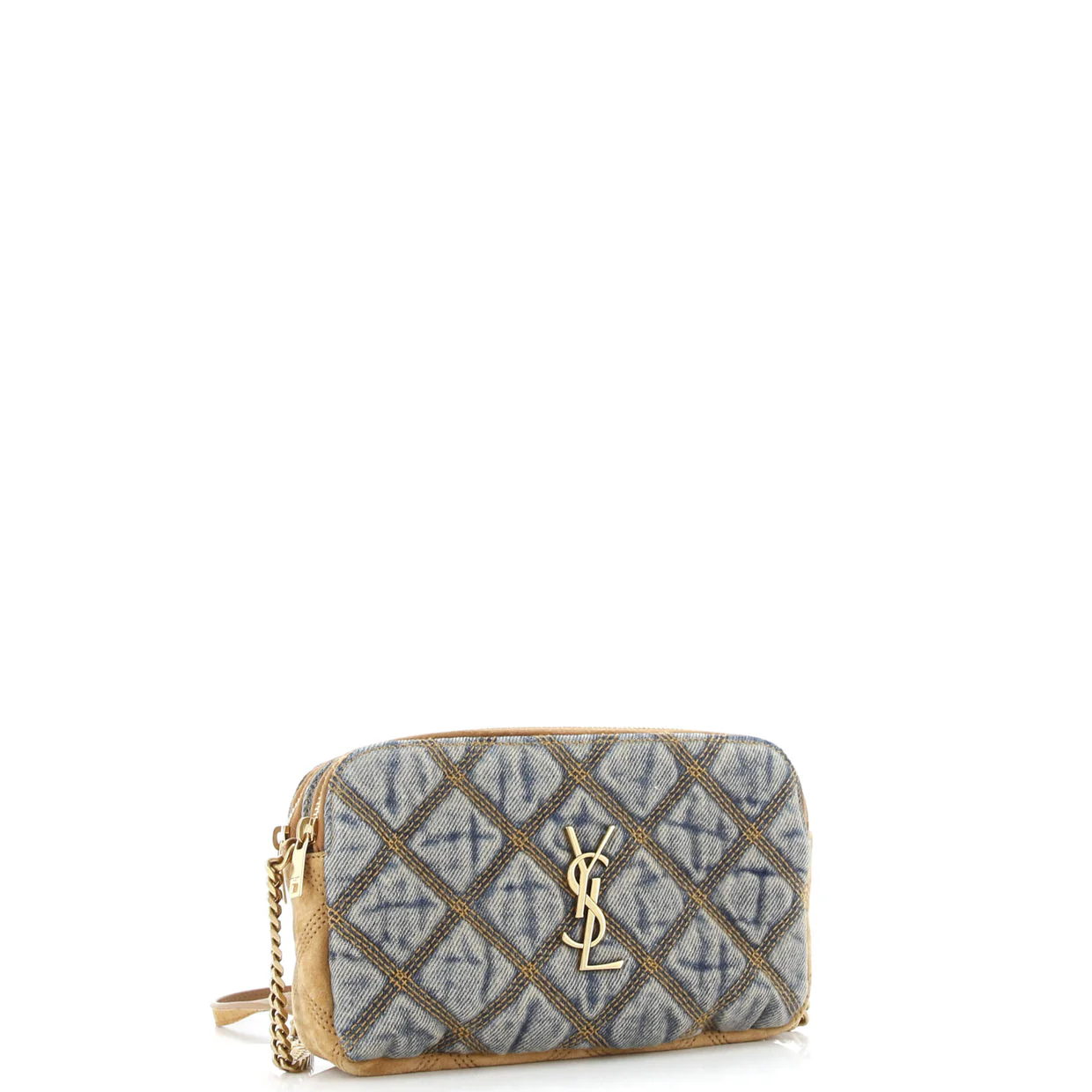 Becky Double Zip Crossbody Bag Quilted Denim with Suede Mini - Deep Luxury