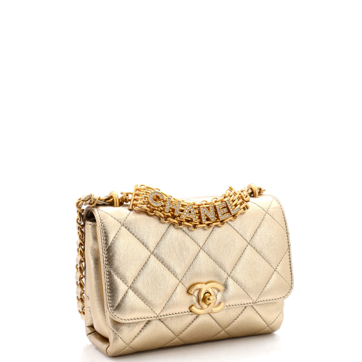 Crystal Logo Letters Chain Handle Flap Bag Quilted Lambskin Mini - Deep Luxury