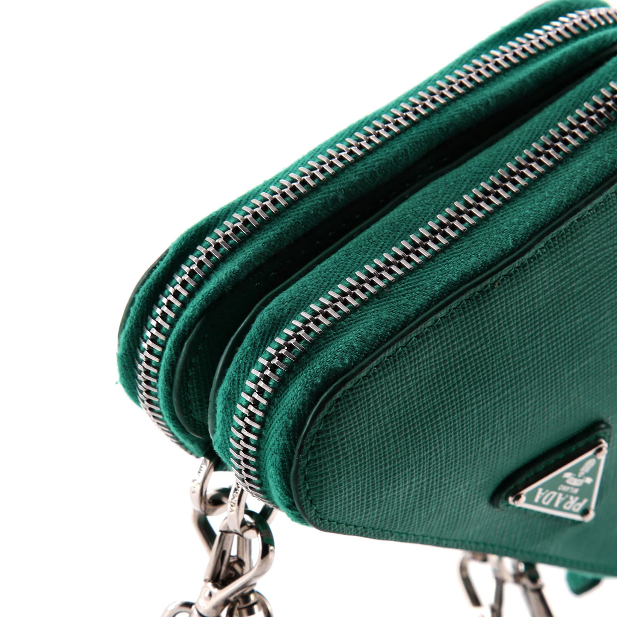 Triangle Double Zip Pouch Bag with Chain Saffiano Leather Mini - Deep Luxury