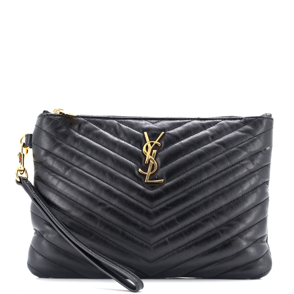 Classic Monogram Wristlet Pouch Matelasse Chevron Leather Small - Deep Luxury