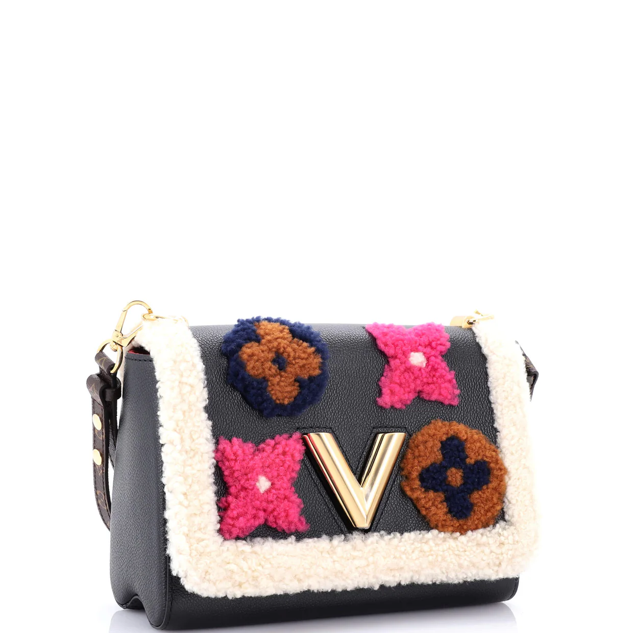 Twist Handbag Leather and Monogram Teddy Shearling MM - Deep Luxury