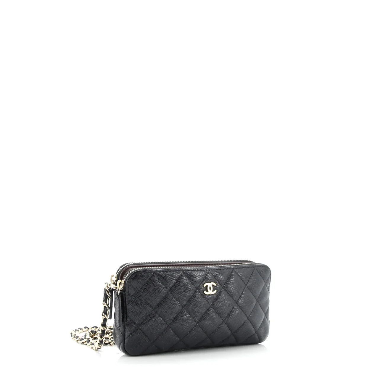 Double Zip Clutch with Chain Quilted Caviar - Deep Luxury