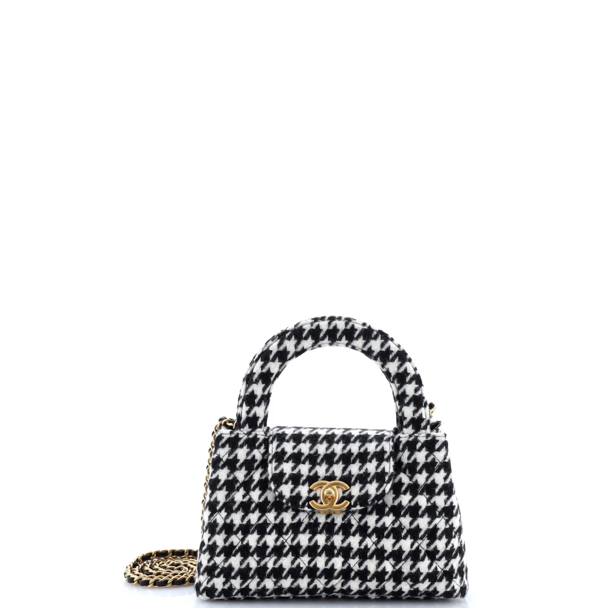 Kelly Top Handle Shopping Bag Quilted Houndstooth Tweed Mini - Deep Luxury