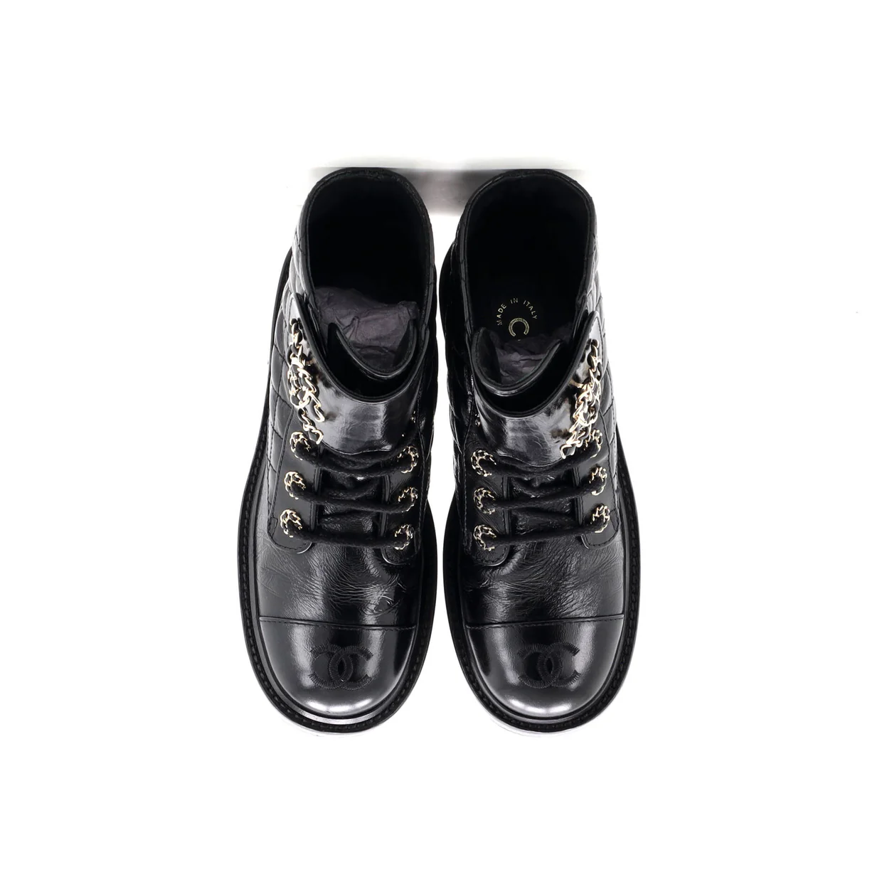 Women's Chain CC Cap Toe Lace Up Combat Boots Quilted Shiny Calfskin - Deep Luxury