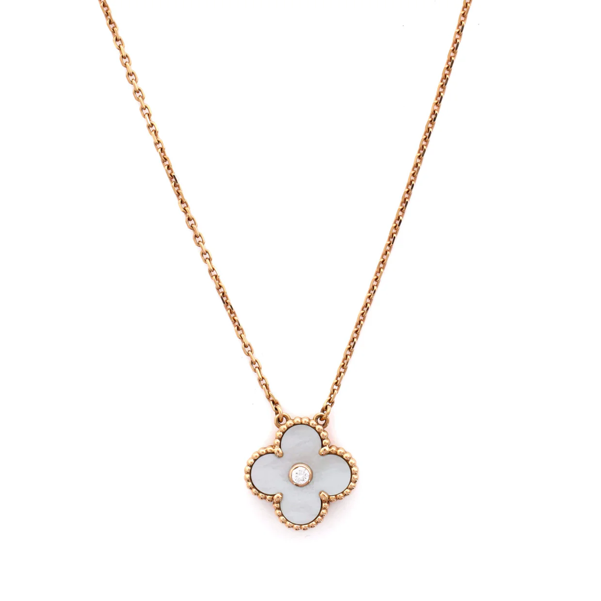 Vintage Alhambra Pendant Necklace 18K Rose Gold and White Mother of Pearl with Diamond - Deep Luxury