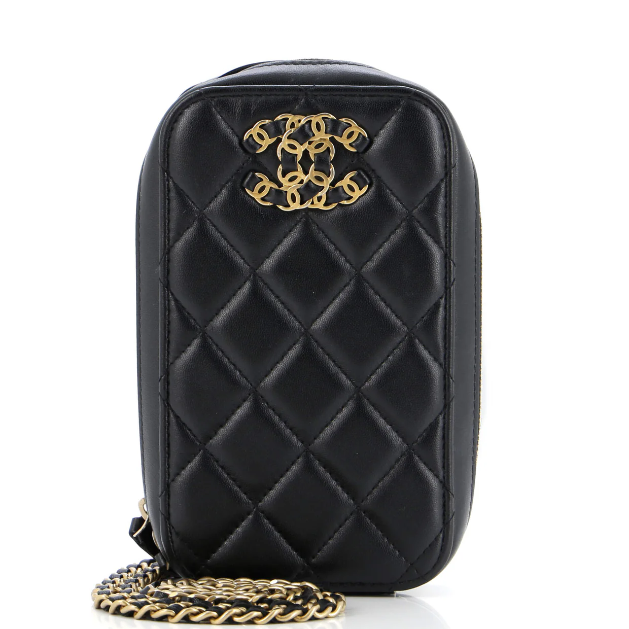 Woven CC Zip Around Phone Holder with Chain Quilted Lambskin Vertical - Deep Luxury