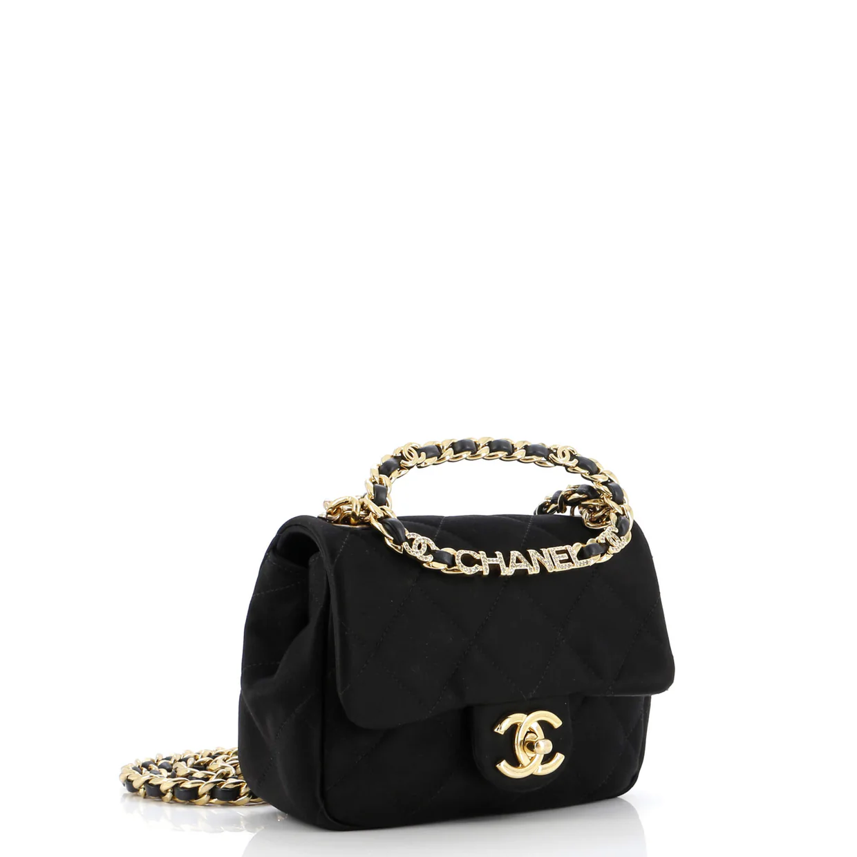 Oval Logo Chain Handle Flap Bag Quilted Satin with Crystals Mini - Deep Luxury
