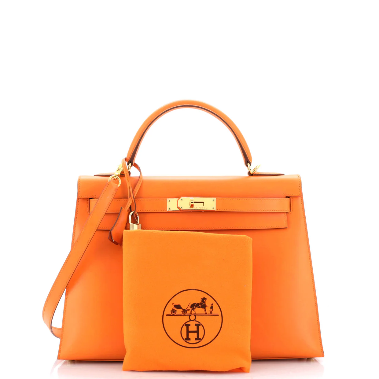 Kelly Handbag Orange H Box Calf with Gold Hardware 32 - Deep Luxury