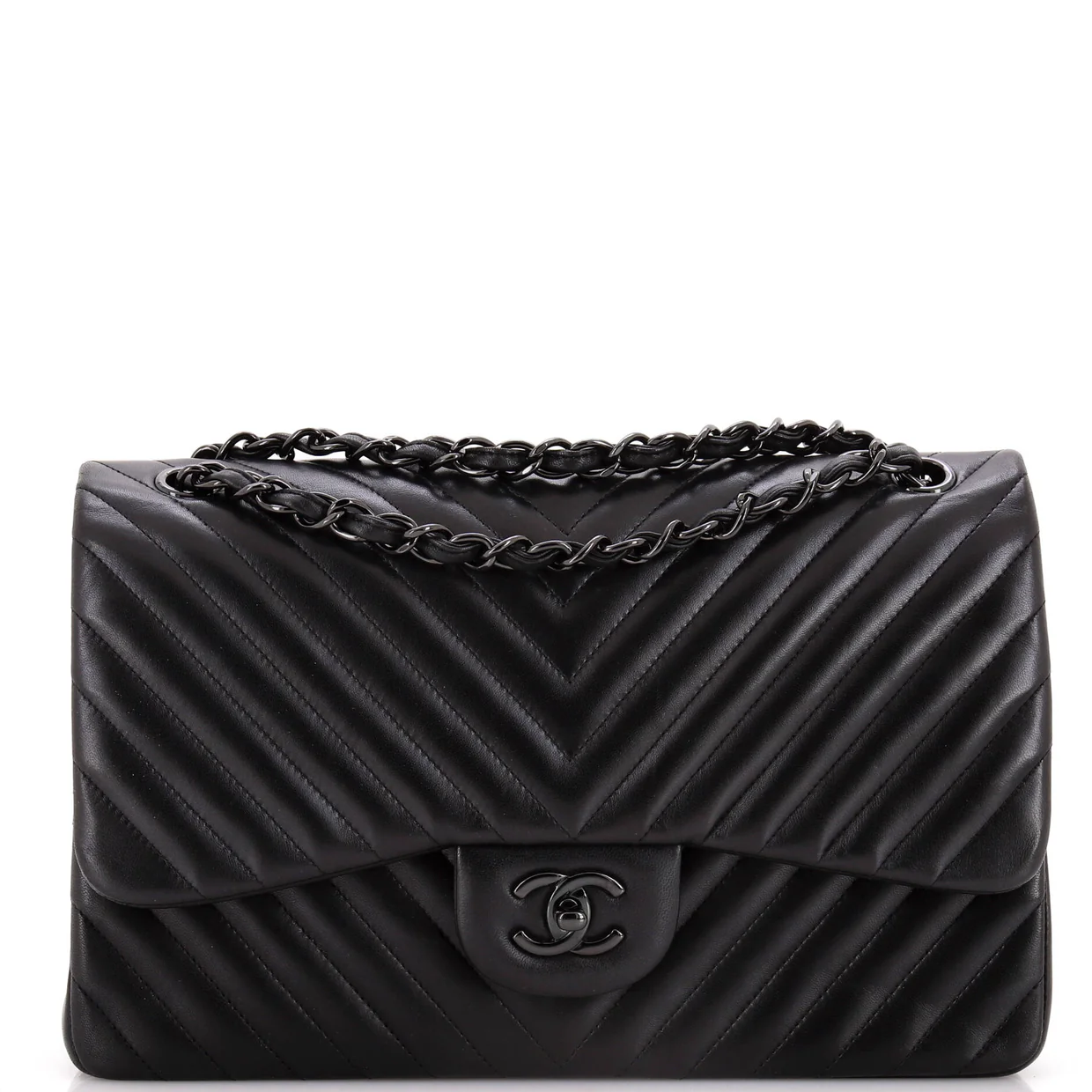So Black Classic Double Flap Bag Chevron Lambskin Jumbo - Deep Luxury