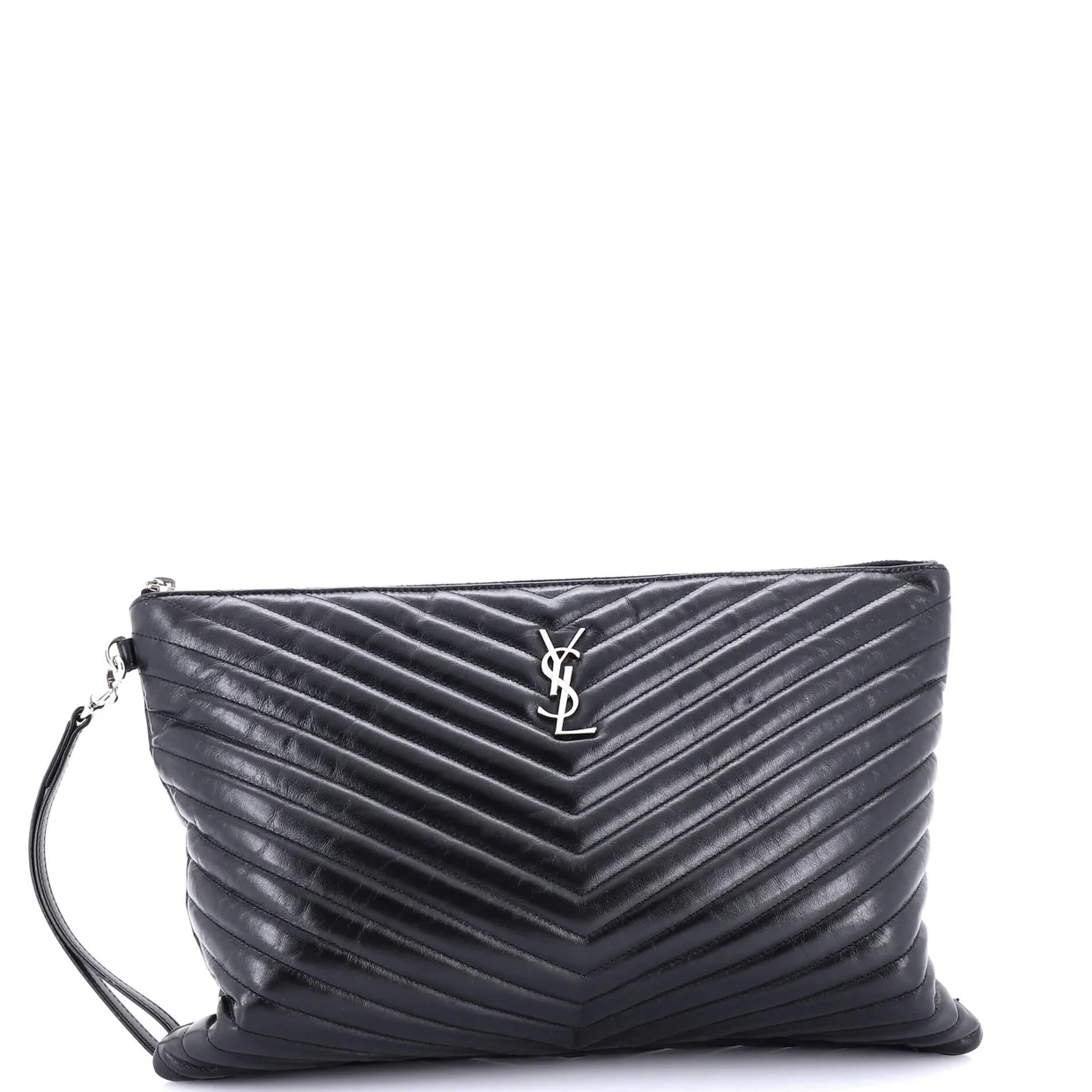 Classic Monogram Wristlet Pouch Matelasse Chevron Leather Large - Deep Luxury