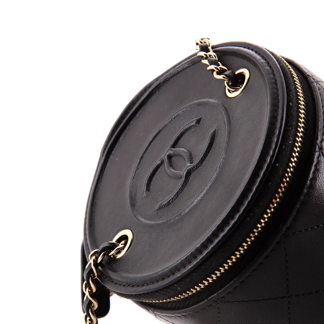 CC Round Vanity Case with Chain Quilted Lambskin Mini - Deep Luxury