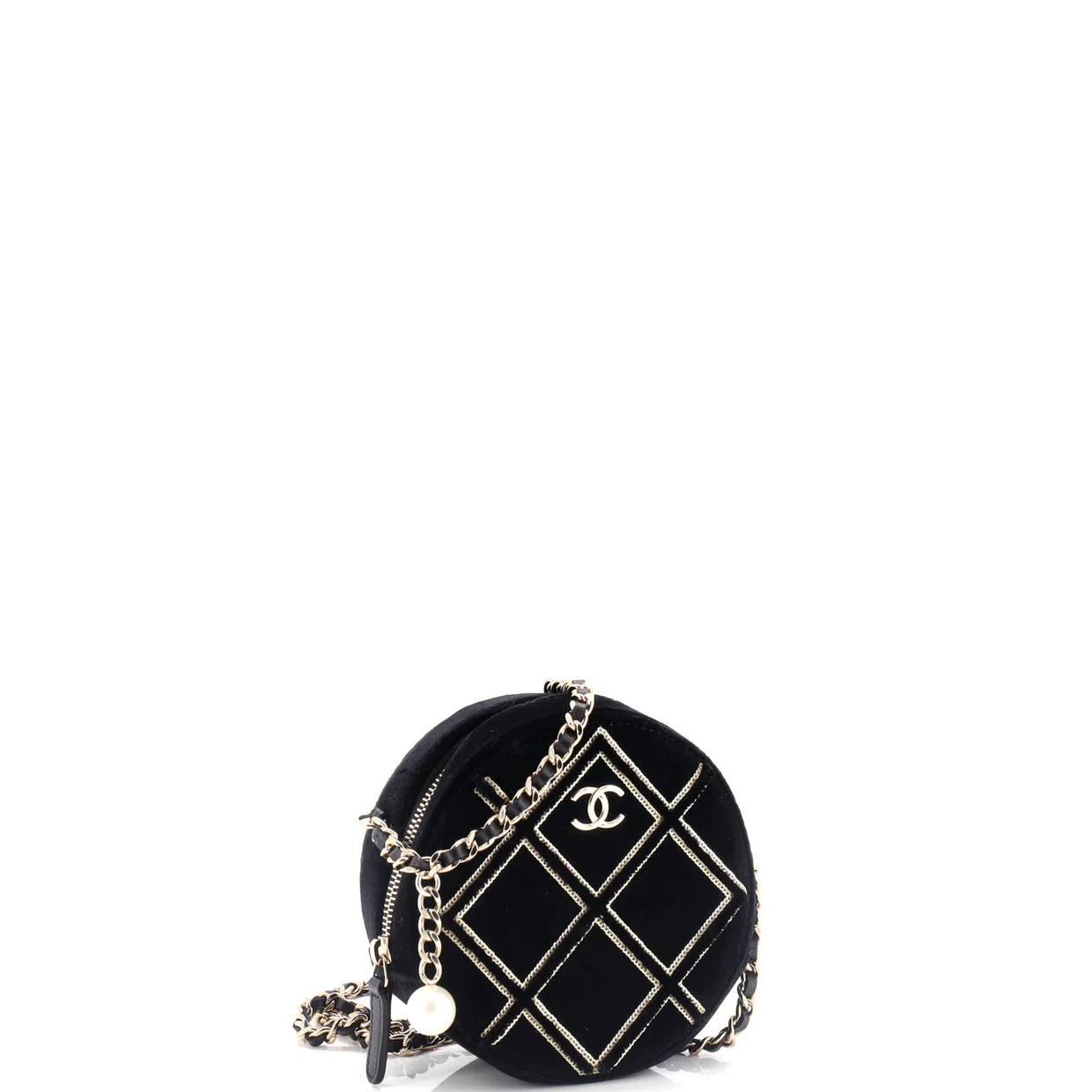 Round Clutch with Chain Quilted Velvet with Sequins - Deep Luxury