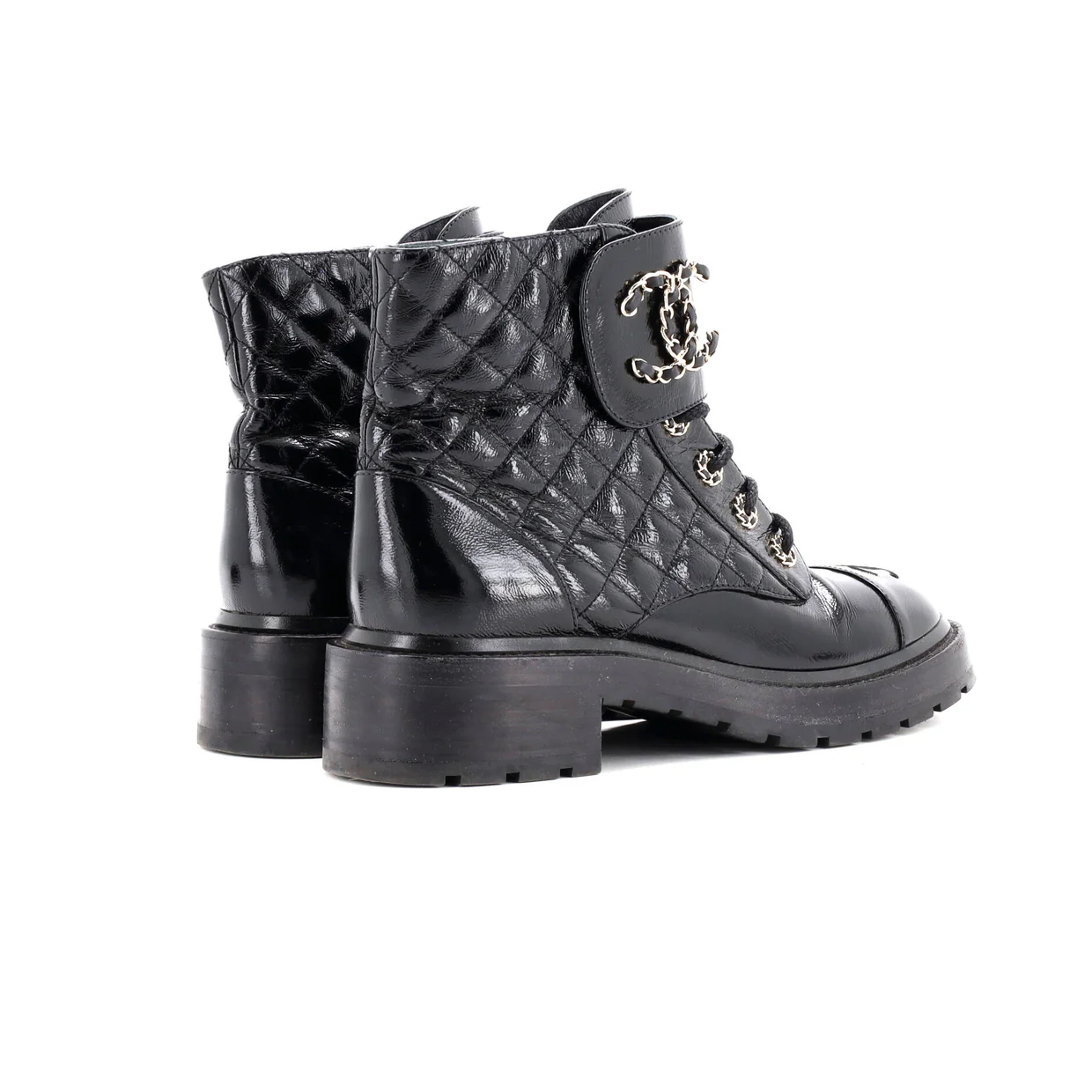 Women's Chain CC Cap Toe Lace Up Combat Boots Quilted Shiny Calfskin - Deep Luxury