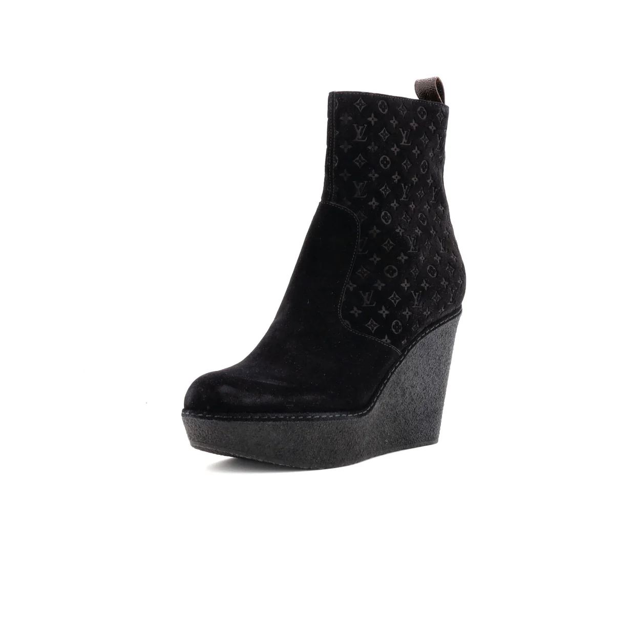 Women's Ankle Wedge Platform Boots Monogram Embossed Suede - Deep Luxury