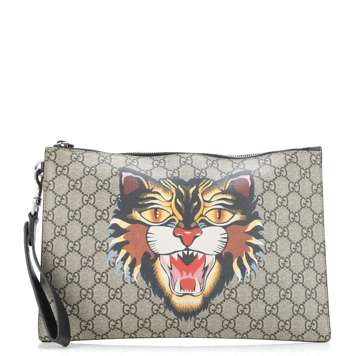 Zipped Pouch Angry Cat GG Coated Canvas Large - Deep Luxury