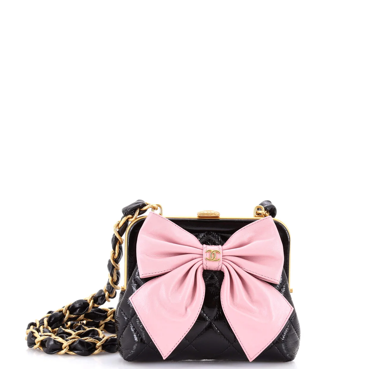 Bow Frame Clutch With Chain Quilted Patent with Lambskin Mini - Deep Luxury