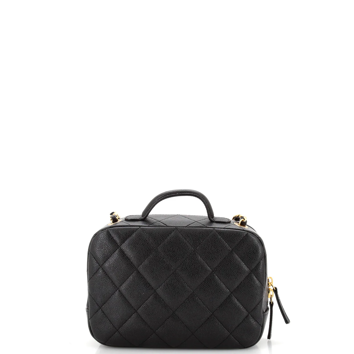 CC Top Handle Zip Around Vanity Case with Chain Quilted Caviar Small - Deep Luxury