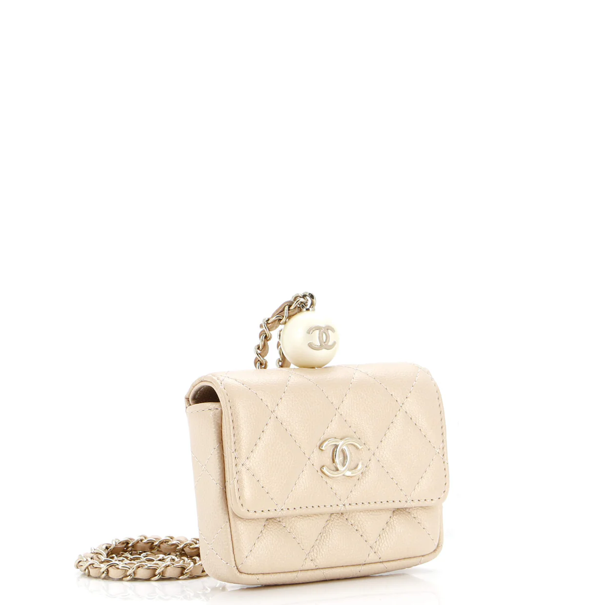 CC Pearl Coin Card Holder with Chain Quilted Caviar - Deep Luxury