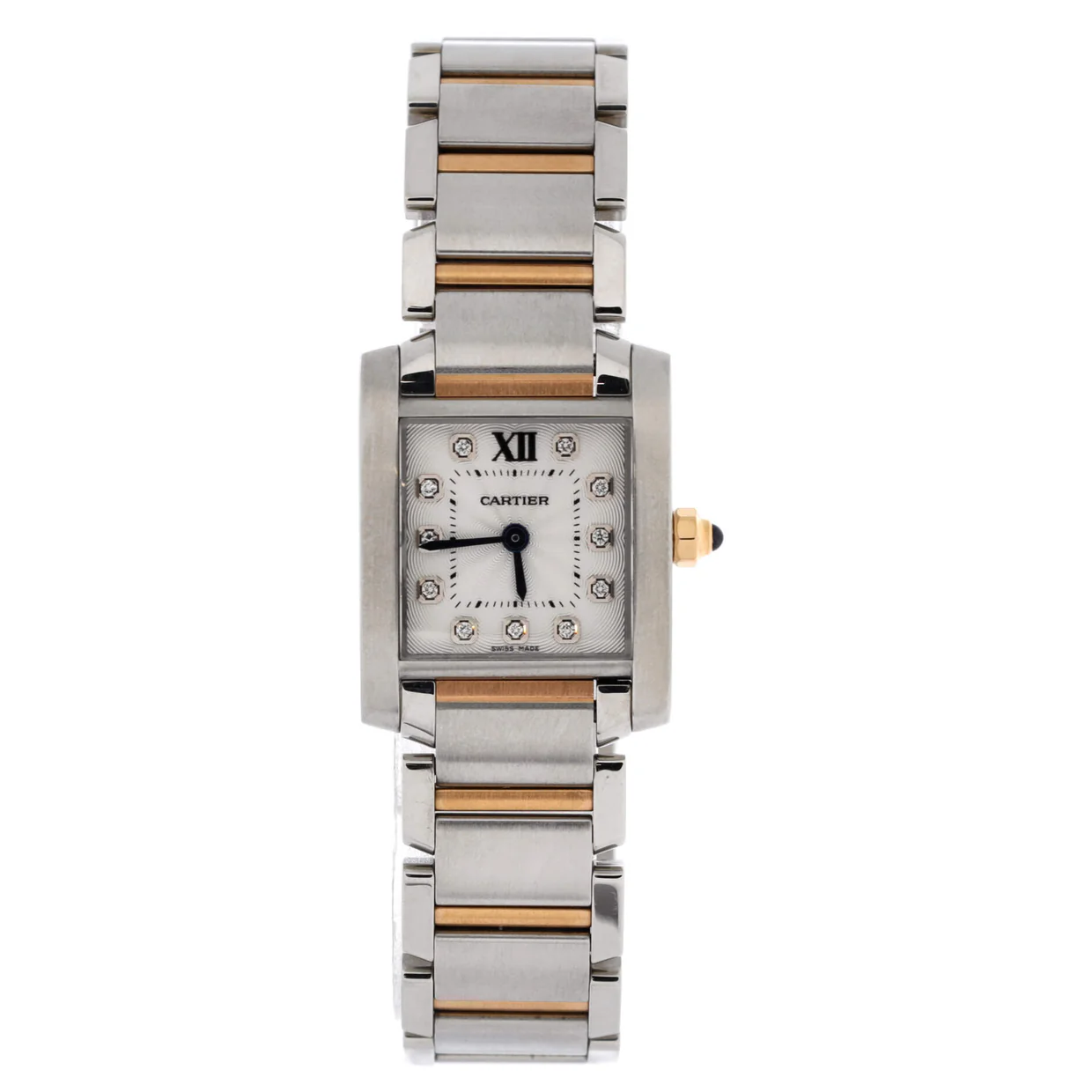 Tank Francaise Quartz Watch Stainless Steel and Rose Gold with Diamond Markers 20 - Deep Luxury