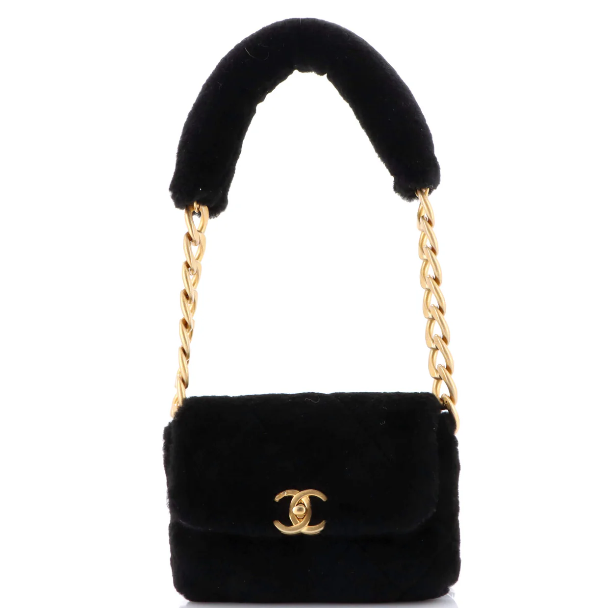 CC Bar Chain Handle Flap Bag Quilted Shearling Small - Deep Luxury