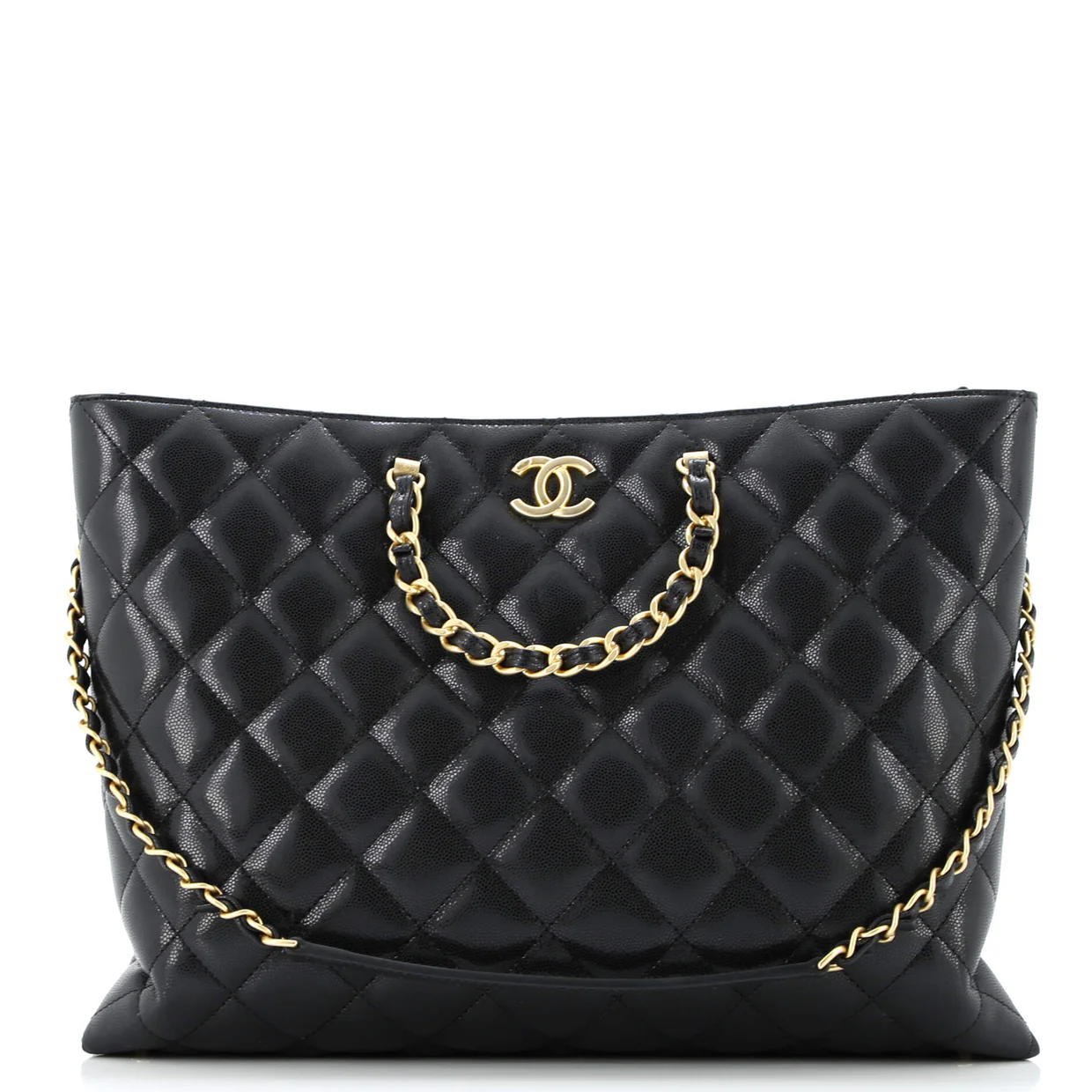 CC Chain Handle Shopping Tote Quilted Caviar Large - Deep Luxury