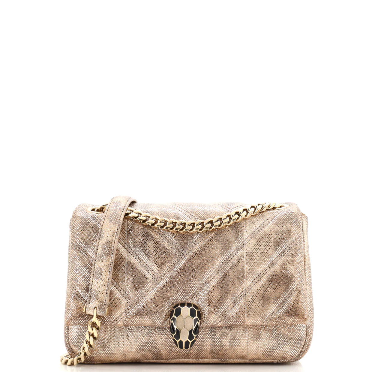 Serpenti Cabochon Shoulder Bag Diagonal Quilted Metallic Karung Small - Deep Luxury