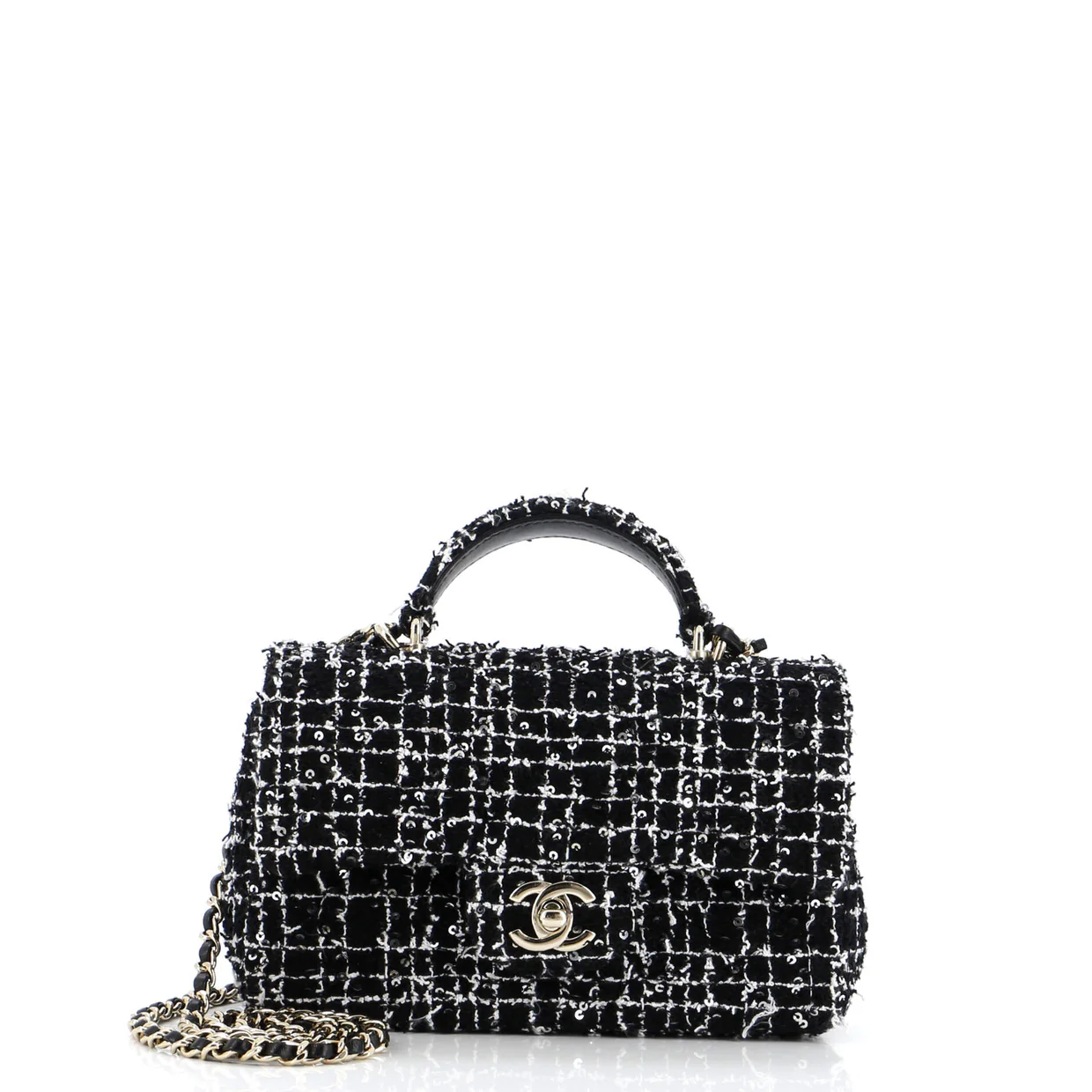 Classic Single Flap Top Handle Bag Quilted Tweed with Sequins Mini - Deep Luxury