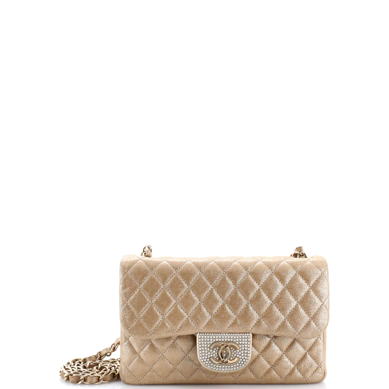 Pearl CC Crystal Flap Bag Quilted Iridescent Fabric Small - Deep Luxury