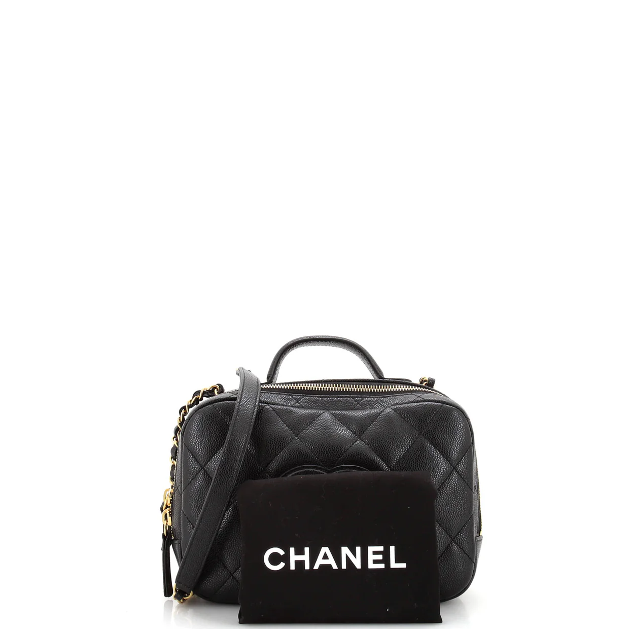 CC Top Handle Zip Around Vanity Case with Chain Quilted Caviar Small - Deep Luxury